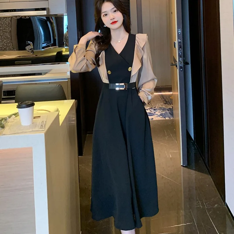 

2023 Autumn New Dress Retro Fashion V-neck Splice Contrast Color Temperament Sagging Sensation Belt Free Shipping