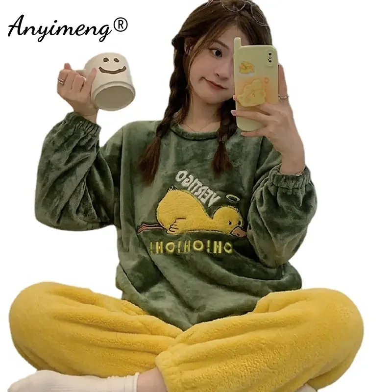 

Cute Lie Flat Duck Women Flannel Pajamas Winter Thermal Sleepwear for Lady Kawaii Partterns Woman Pijamas Fashion Teddy Homsuits