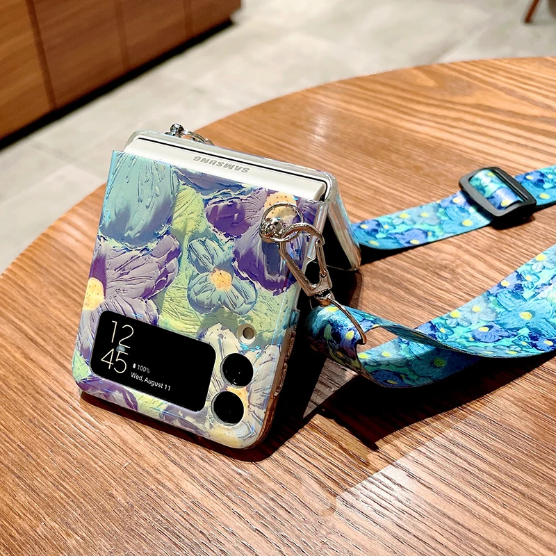 Oil Painting Flower Crossbody Lanyard Strap Case with Blu-ray Hard Shell and Chain Rope