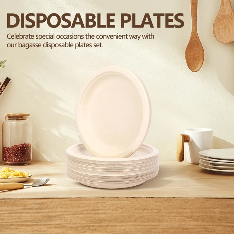 100 Pack 7In Compostable Disposable Round Bagasse Paper Plates,Biodegradable Sugarcane Fibre