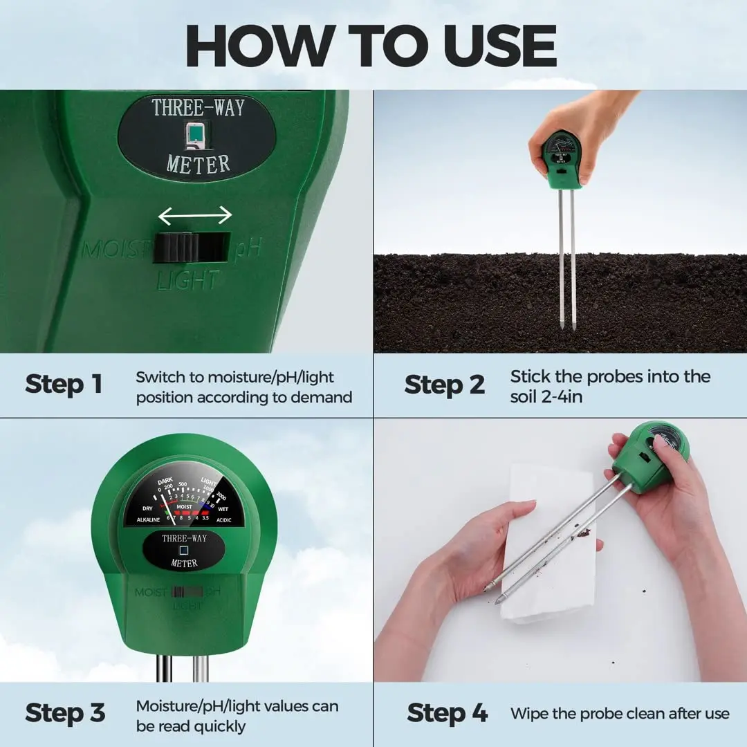 Testeur de sol, humidimètre de sol, testeur de plantes 3-en-1, humidimètre  de sol et testeur de ph de sol compatible avec le sol végétal, le jardin,  la ferme, la pelouse