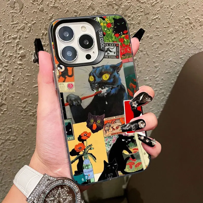 Neue Niedliche Schwarze Katze Grafik-Montage Laser-Handyhülle für iPhone 14 13 12 Mini 11 Pro Max 17 15 16 Pro Max Plus Stoßfeste Schutzhülle – Detail 2