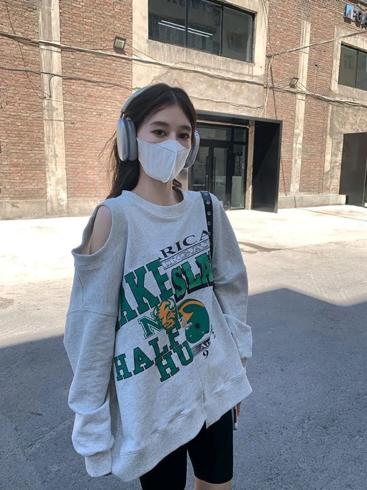 

Deeptown Y2k Kpop Off Shoulder Grey Sweatshirts Women Korean Style Letter Irregular Long Sleeve Pullover Harajuku Oversize Tops