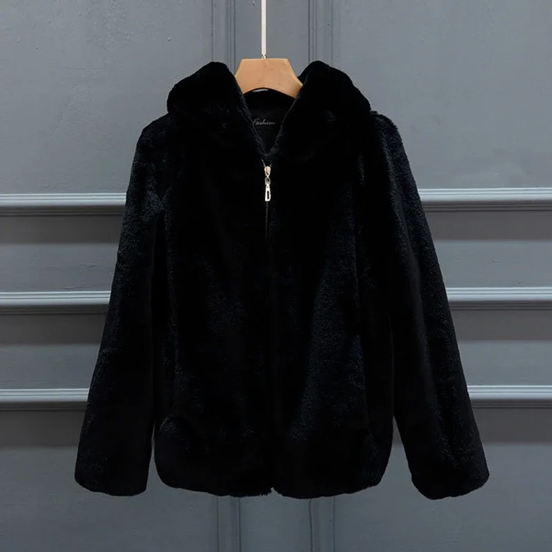 Lady Artificial Fur Hooded Soft 2022 Women's Jacket White Grey Pink Rabbit Imitation Fur Outcoat Winter Grass Mink Faux Fur Coat