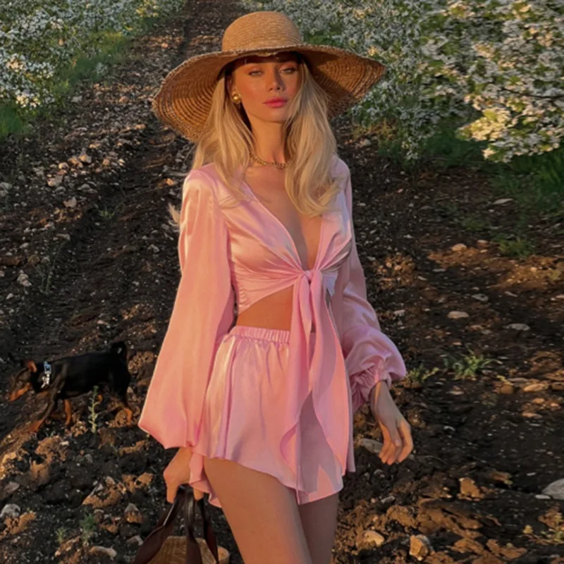 In Stock Style Very Cozy Soft Solid Baby Pink Lantern Sleeves 2 pcs V-neck Top And Bottom Sexy Navel-Baring Strap Temper