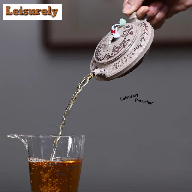 140ml Vintage Yixing Purple Clay Teapots Handmade Bamboo Shadows Pot Raw Ore White Segment Mud Kettle Chinese Zisha Tea Set Gift