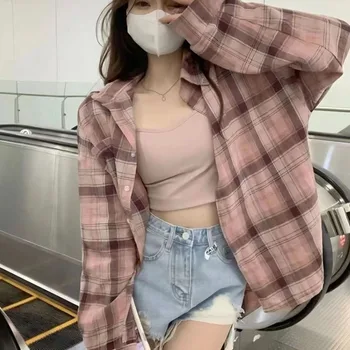 Xpqbb Pink Plaid Blouses for Women Korean Fashion Long Sleeve Check Shirt Ladies Autumn New Casual Loose Single-breasted Shirts 1