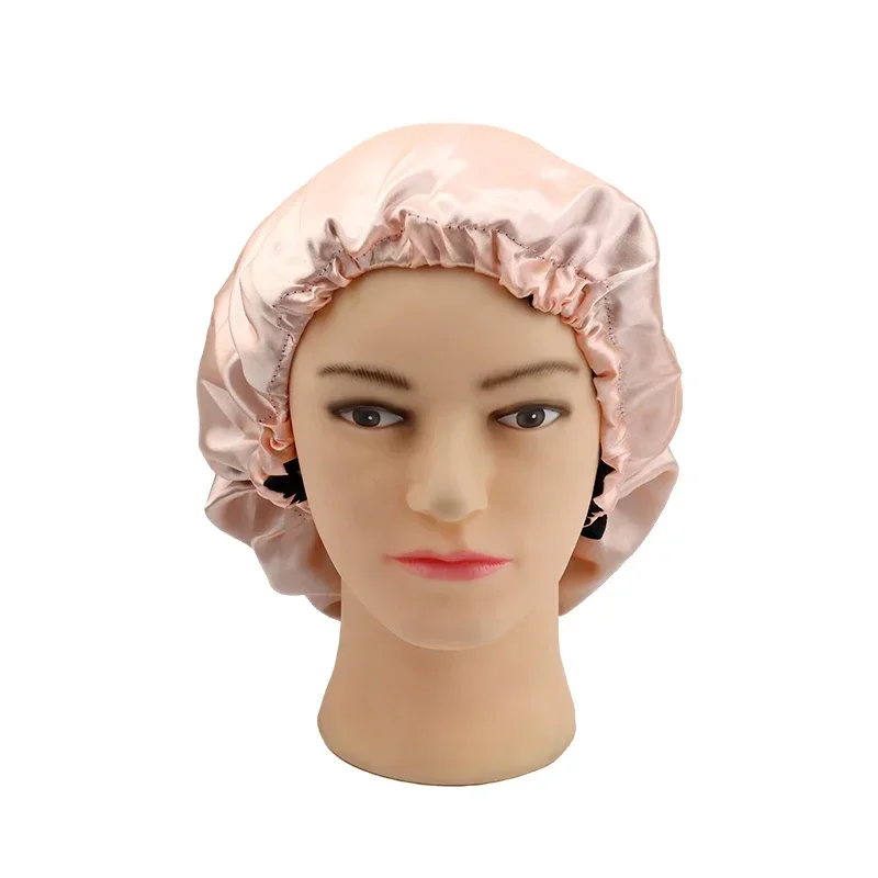 Satin Bonnet Adjustable Double Layer Satin Bonnet Nightcap Doubleside Women Round Shower Caps Night Sleep Polyester Hat Solid Black Lining
