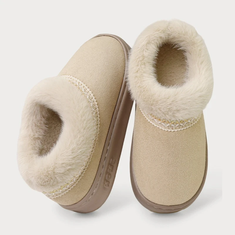 National Style Embroidery Fluffy Cotton Slippers Women Thick Sole Non Slip Faux Fur Slides Woman Short Plush Snow Boots Female