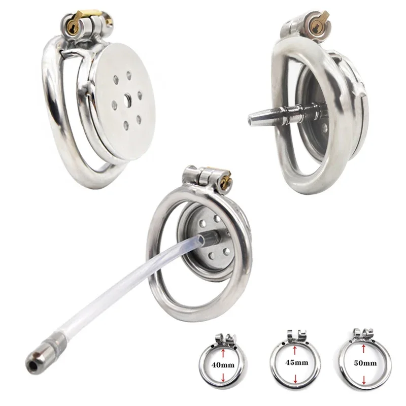 Penis Chastity Cage Male Chastity Device Flat Round Hole Metal Chastity Lock Cock Cage Urethra Catheter Penis Ring Bondage Belt Sex Toys For Men Gay