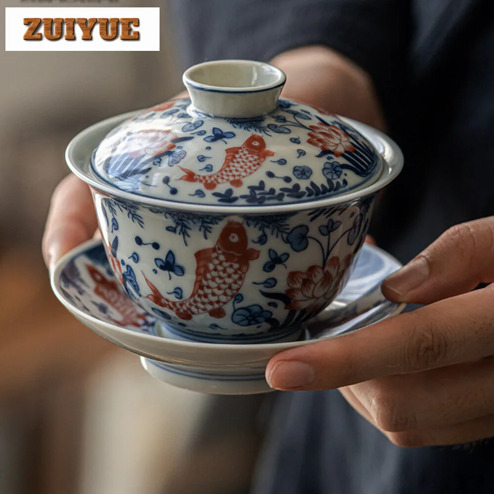 180ml Jingdezhen Blue and White Gaiwan Retro Fish Lotus Traditional Tea Tureen Tea Maker Cover Bowl Chinese Set Ornaments