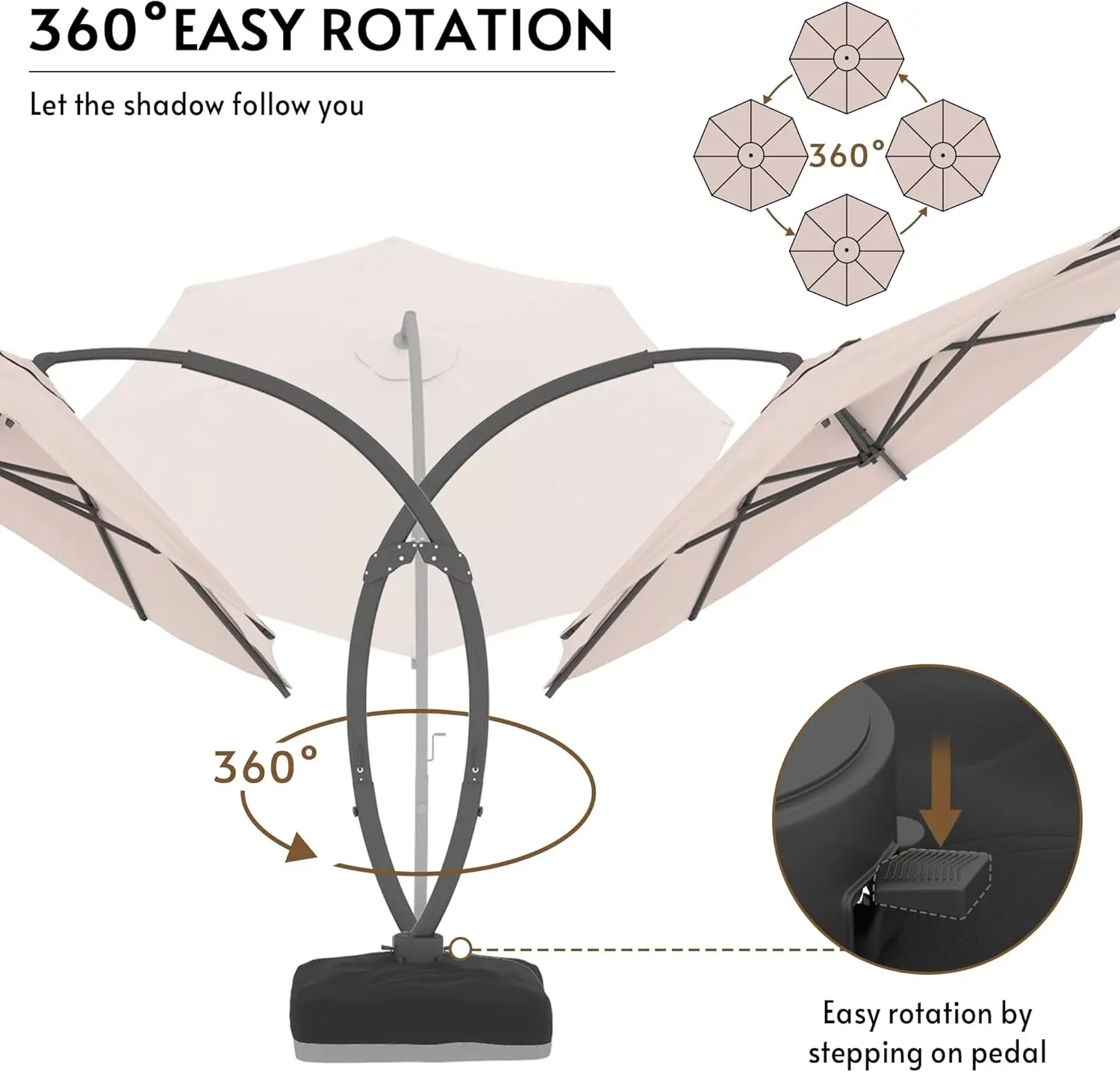 11FT Solar Powered LED Light Cantilever Patio Umbrella with Base Included, Large Cantilever Umbrella with 360°