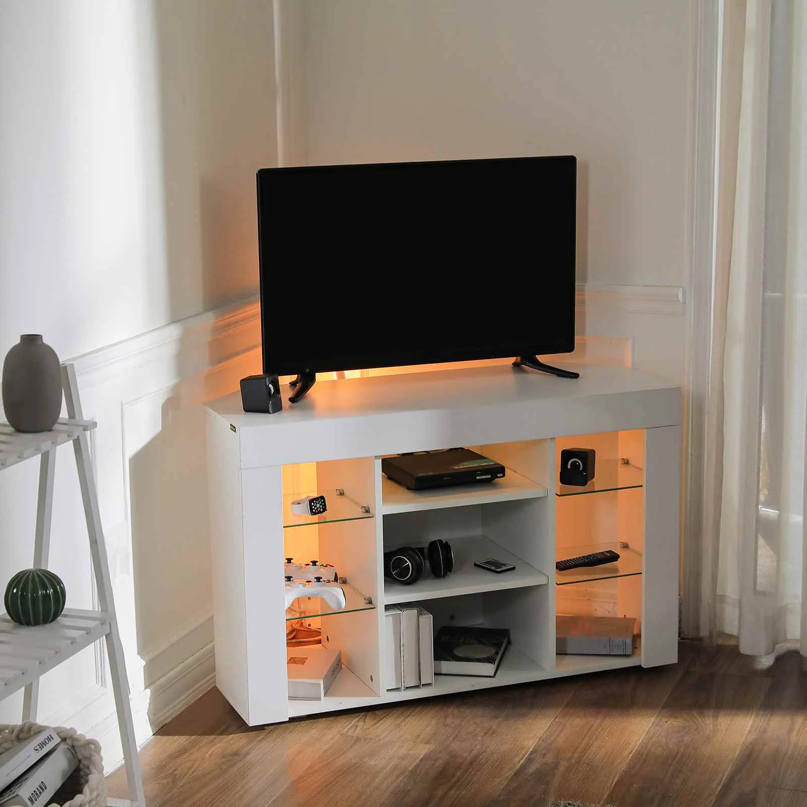 White Led Corner Tv Unit