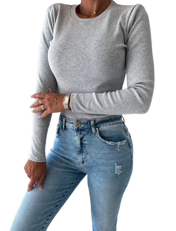 

Fashion Woman Blouse 2023 Spring Solid Color Casual Round Neck Long Sleeve Skinny Daily Knit Top Y2K Clothes