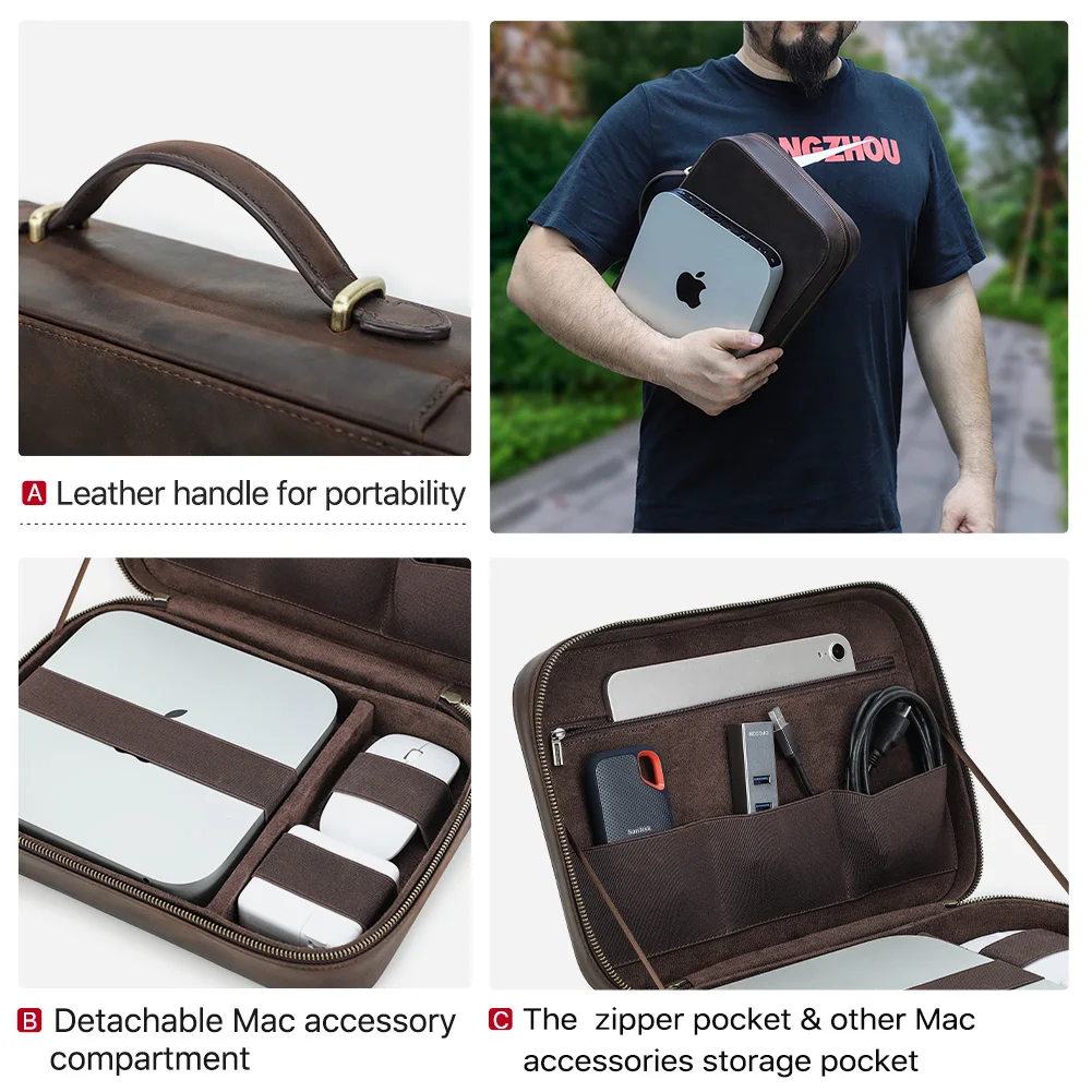 Genuine Leather Storage Case For Mac iPad  Mouse Earphone Electronic Accessories Travel Handbag Large Capacity Organizer Box