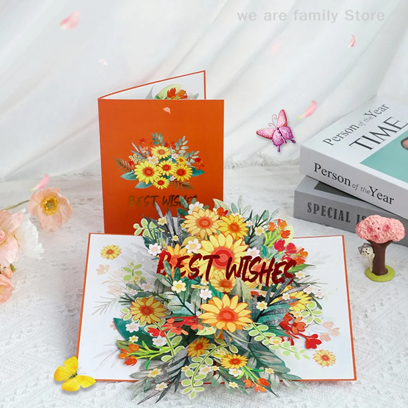 3D Flowers Pop Up Card Best Wishes Ornament Greeting Cards Invitation Congratulation Card Birthday Gift