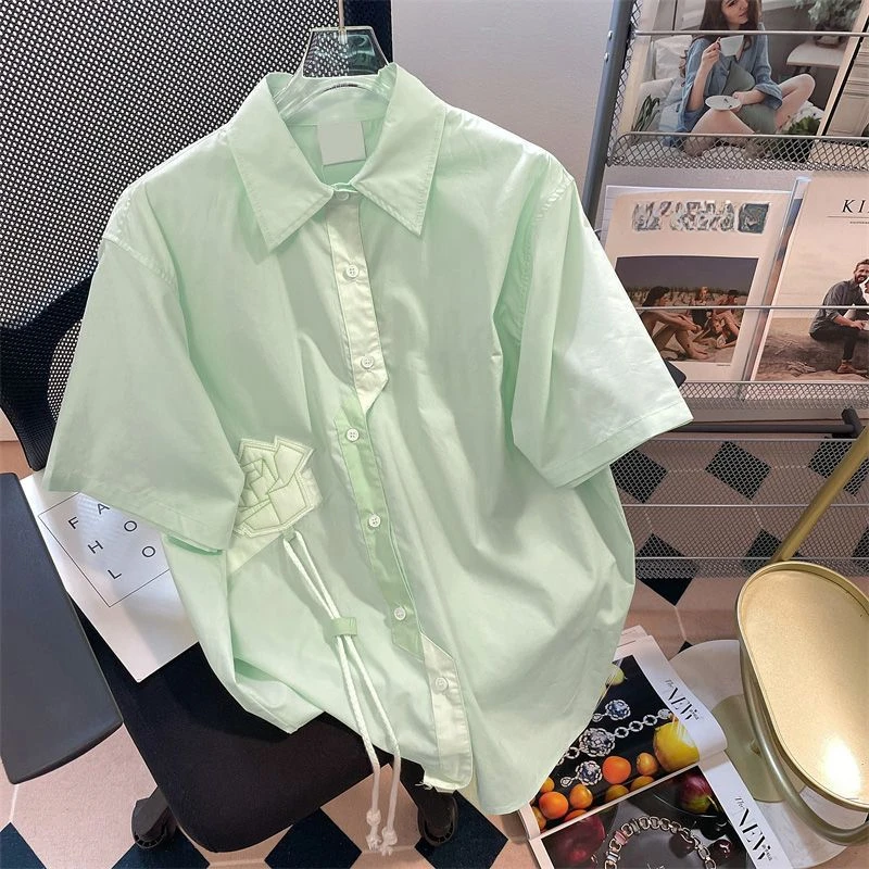 

DUOFAN Women Light Green Blouse Niche Design Ladies's Camisas Summer Tops Small Fresh Short Sleeved Blouses