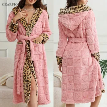 Leopard Print Hooded Robe with Belt Winter New Flannel Bathrobe for Women Warm Coral Fleece Sleepwear Thick Nightgown Homewear