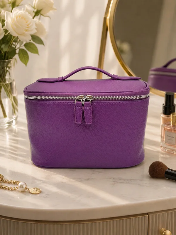 CLAREGQI Women's Genuine Leather Cosmetic Bag Large Capacity Portable Travel Makeup Organizer Case with Top Handle 2