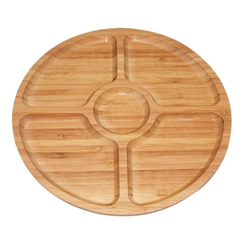 

Wooden Divided Serving Trays Food Serving Tray With 5 Dining Grids Round Serving Tray For Party Serving Dishes Eco-Friendly For