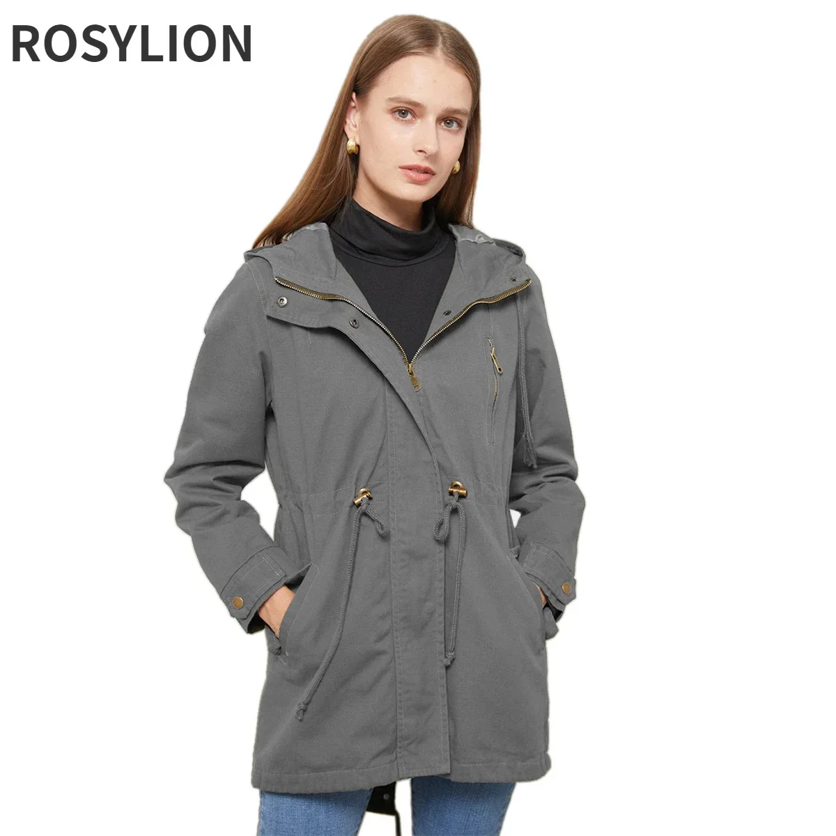 

Women Autumn Winter Hooded Windbreaker European Large Size Loose Army Green Jacket Ladies Cotton Blue White Trench Coat S-4XL