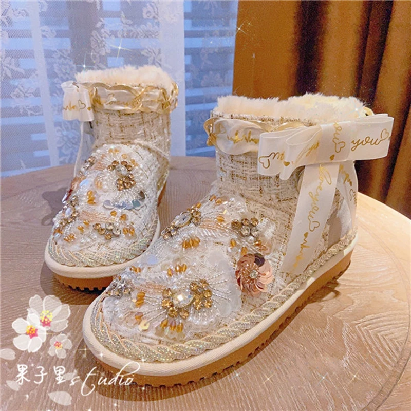 

Женские зимние шерстяные ботинки на заказ, милые плюшевые ботильоны с бантом и мехом, Роскошные теплые зимние ботинки со стразами и цветочным принтом
