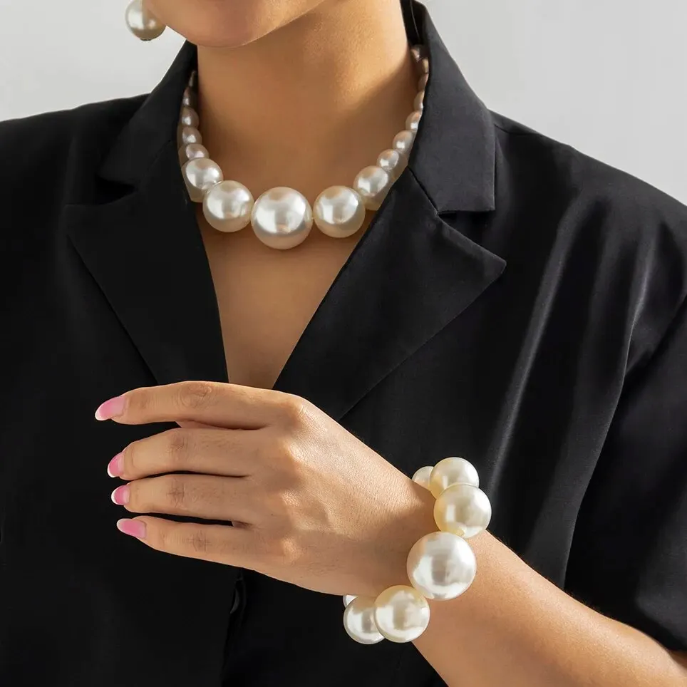 Jewelry Sets 2Pcs Exaggerated Big Imitation Pearl Choker Necklace Bracelets For Women Wed Goth Bead Maxi Chain Grunge Jewelry Set Steampunk