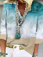 Plus Size 5XL 2025 New Summer Casual Tee Shirt Women's V Neck Tops Loose Size Short Sleeve Wave Print Pullover Fashion T-shirt - Image 2