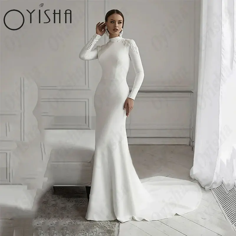 

OYISHA Muslim Satin High Neck Wedding Dresses Simple Mermaid Full Sleeve Bride Gown Sweep Train Dubai Applique Vestidos De Novia
