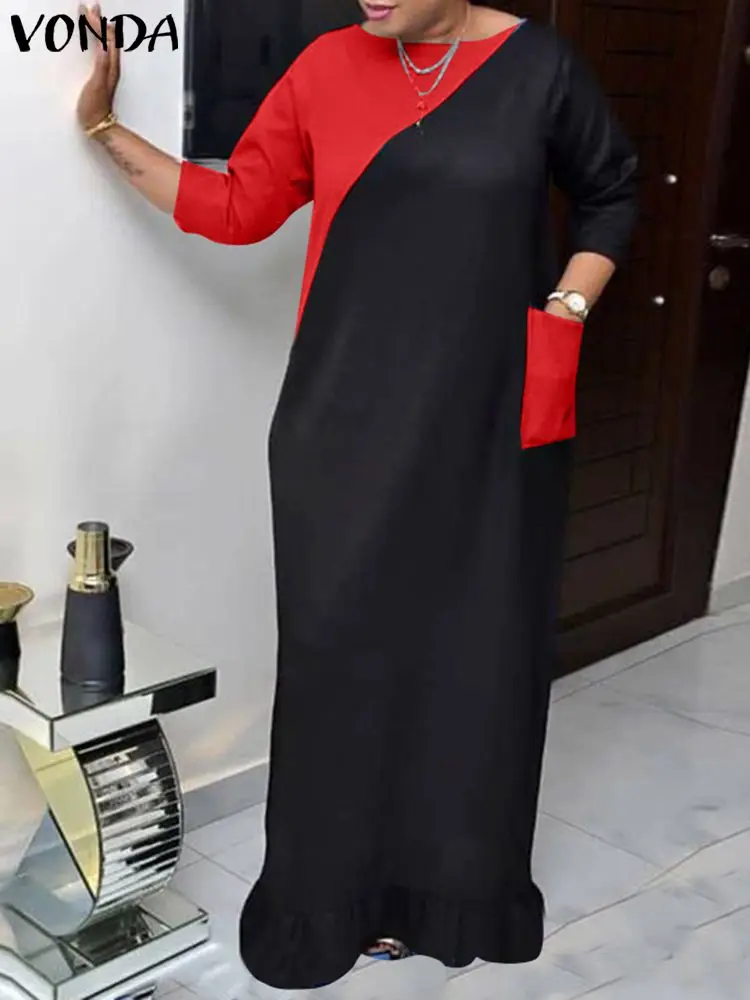 

VONDA Vintage Maxi Dress Women Long Sleeve Color Patchwork Casual Loose Ruffled Sundress 2023 Autumn Pockets Vestidos Oversized