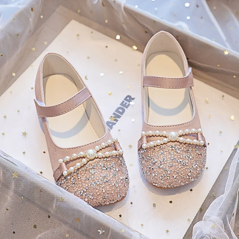 Leather Girls Party Flats Shoes with Rhinestone and Pearl