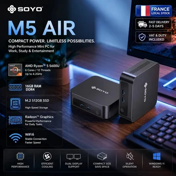 SOYO M5 AIR Mini PC AMD Ryzen 5 5600U CPU(Up to 4.2 GHz) DDR4 16GB RAM 512GB M.2 SSD 4K Triple Display WIF6/BT5.2 Mini Computers