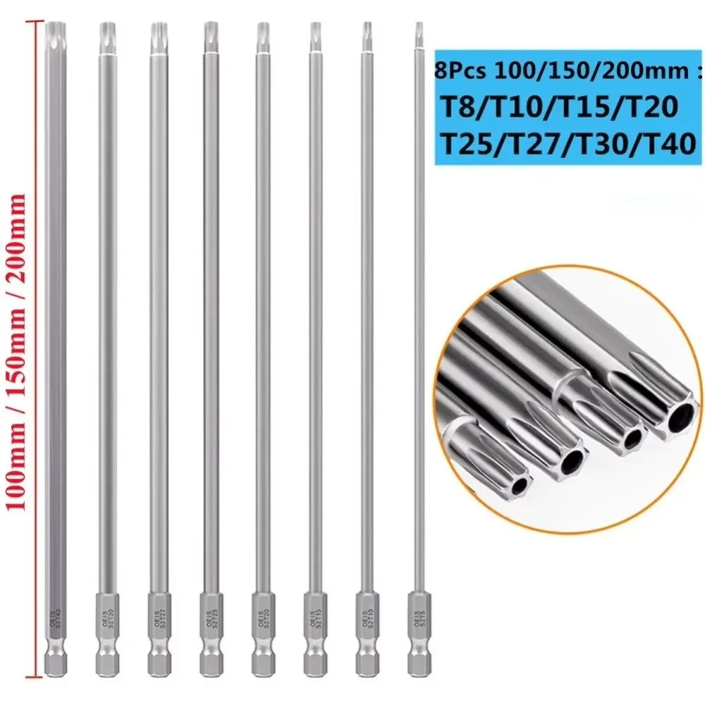 8PCS 1/4인치 Torx 스크루드라이버 비트 세트 T8-T40 100mm 150mm 200mm 육각 헤드 알렌 렌치 드릴 비트 세트 스크루드라이버 소켓 비트