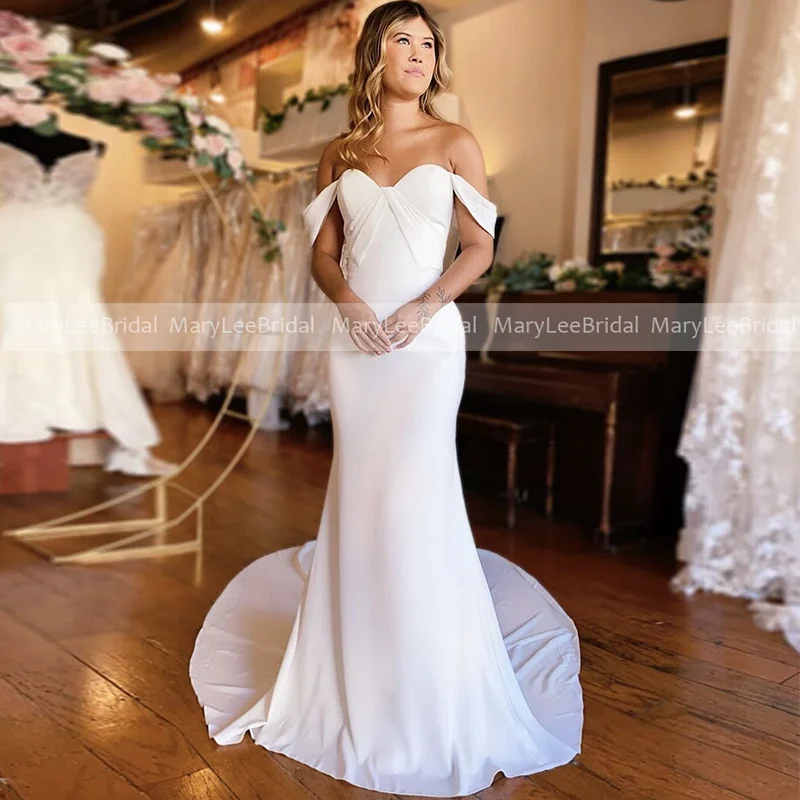 

Sweetheart Mermaid Wedding Dresses Off the Shoulder White Long Crepe Outdoor Bridal Gowns See Through Low Back vestidos de novia