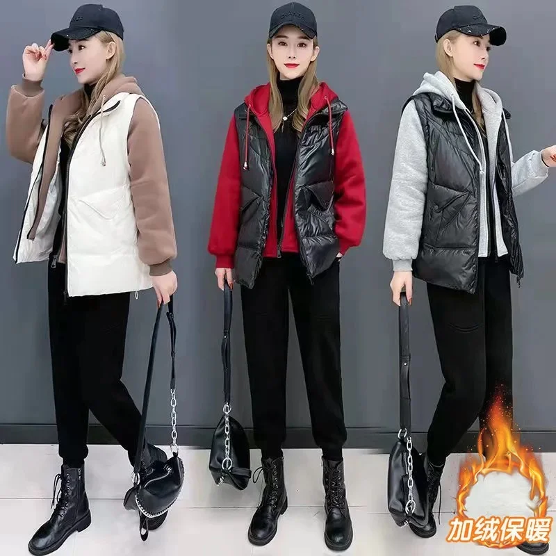 Plush and Thickened Fashion Casual Vacation Two-piece Hooded Down Cotton Jacket for Women in 2023 Winter New Loose Coat Trend