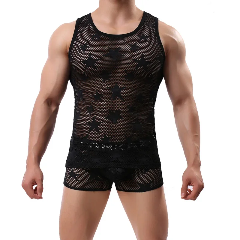 Men Clothes Set Undershirts Mesh See Through Men Tank Tops Hollow Out Underwear Panties Fitness Boxershorts Underpants Vest Tops