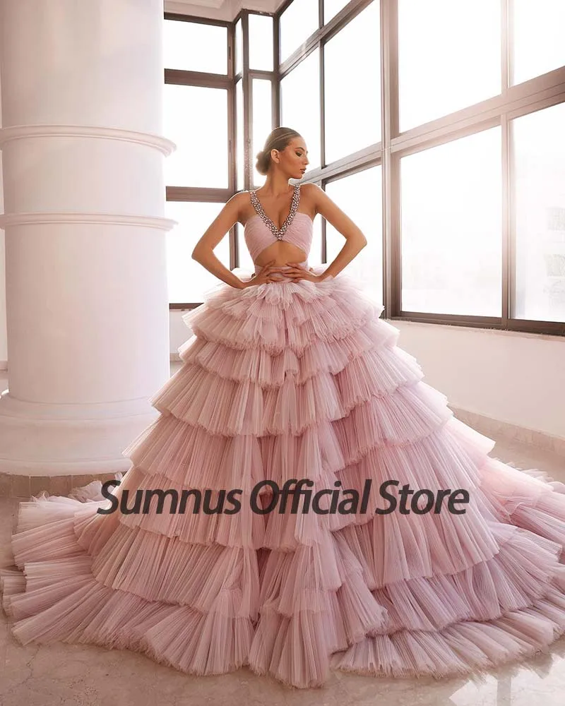 Lovely Pink A-Line Puffy Sleeves Beading Long Party Dress Birthday Outfits, DP4442