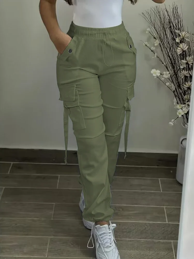 

2024 New Fashion Womens Cargo Pants Elegant Pocket Design Drawstring Cuffed Pants Female Trouser Casual Bottom Female Clothing