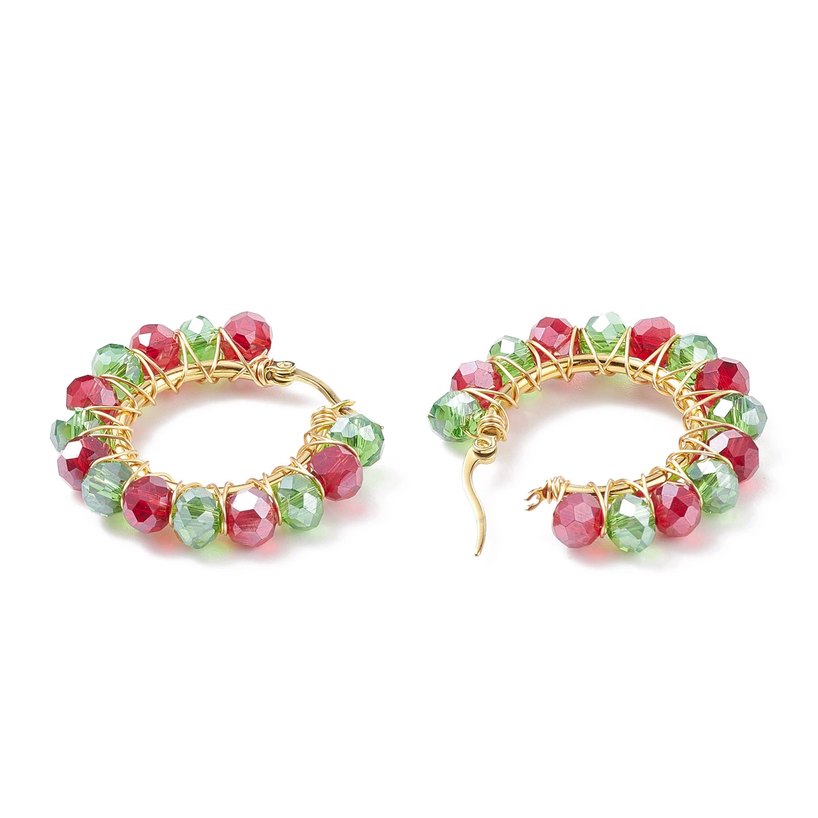 Kissitty 10Pairs Colorful Christmas Glass Braided Big Hoop Earrings Stainless Steel Wire Wrap Jewelry for Women Gift