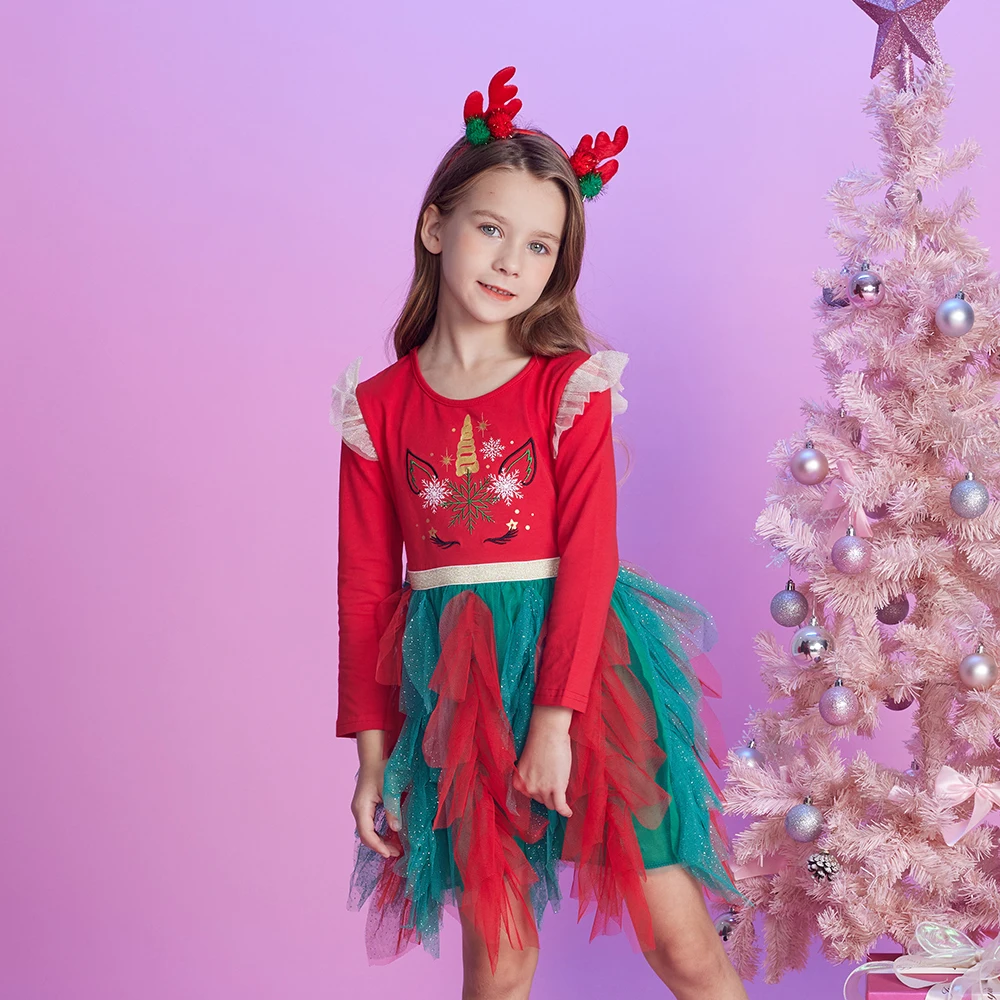 Dxton festliches kleid für mädchen winter party prinzessin kleid fliegende ärmel rot neujahrs kinder kleider elegante kinder kostüme – Detail 3