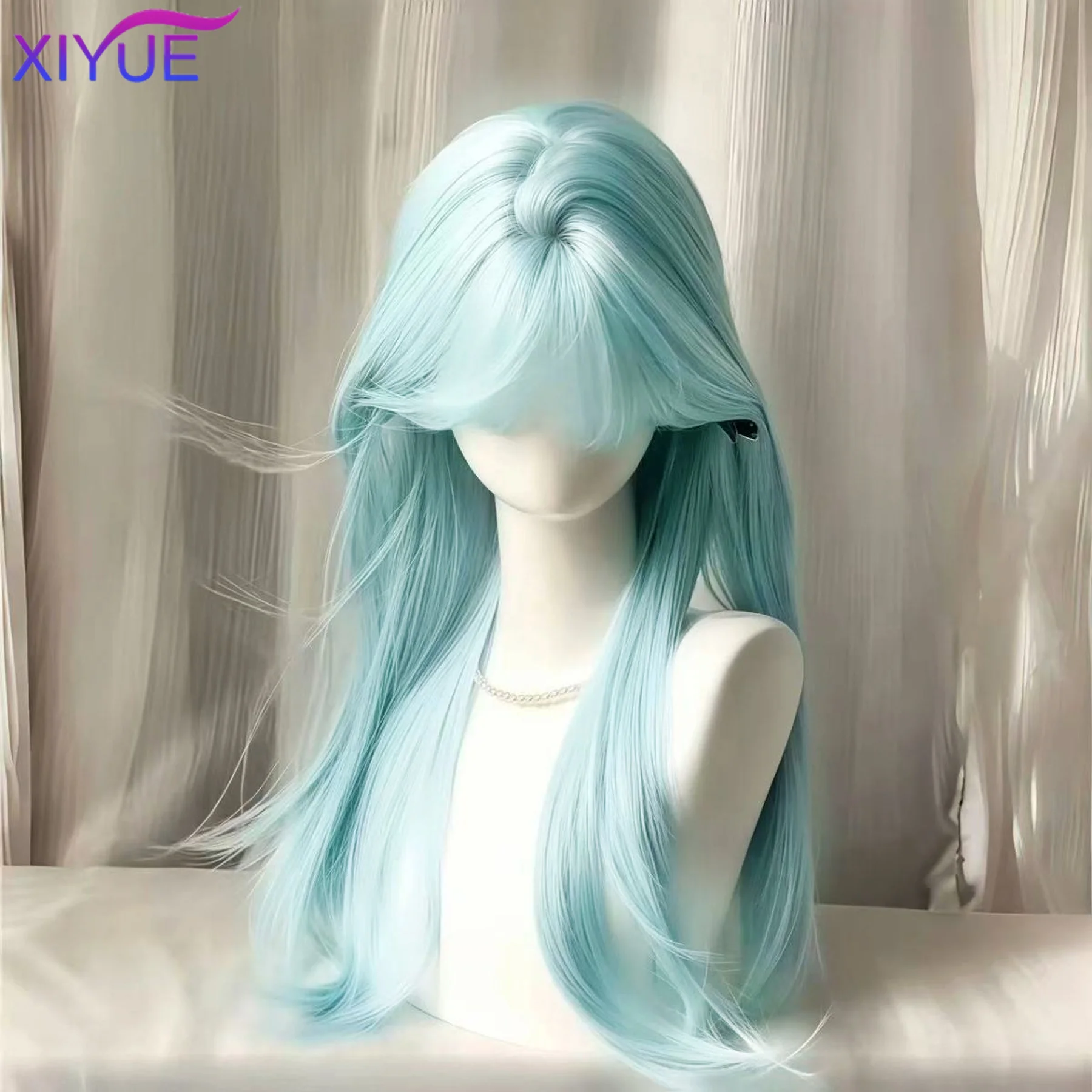 XIYUE Wig blue-green Wig for Women Long Wavy Hair Heat-resistant blue-green Wisg with Bangs Lolita Synthetic Wigs 가발