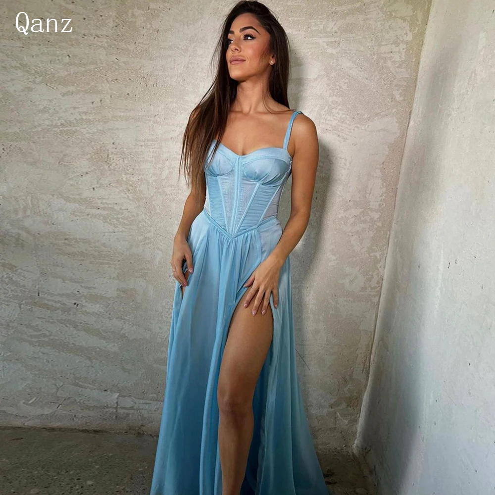 

Qanz Modern Sky Blue Evening Dresses Chiffon Long A Line Pleat Sexy Slit Vestidos Para Eventos Especiales Dresses For Women 2024