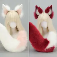 Anime Cosplay queue chapeaux oreilles d'animaux moelleux en peluche bloc de couleur queue renard rouge oreilles en fourrure bandeau mignon oreilles de renard blanc cerceau de cheveux 1