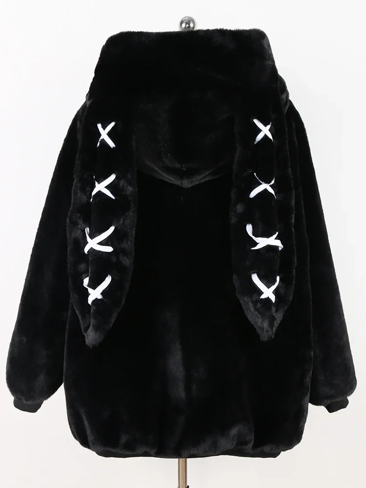 Nerazzurri-Veste à Capuche en Fausse Fourrure pour Femme, Douce et Mignonne, avec Oreilles de Lapin, Style Kawaii, Automne et Hiver 2024