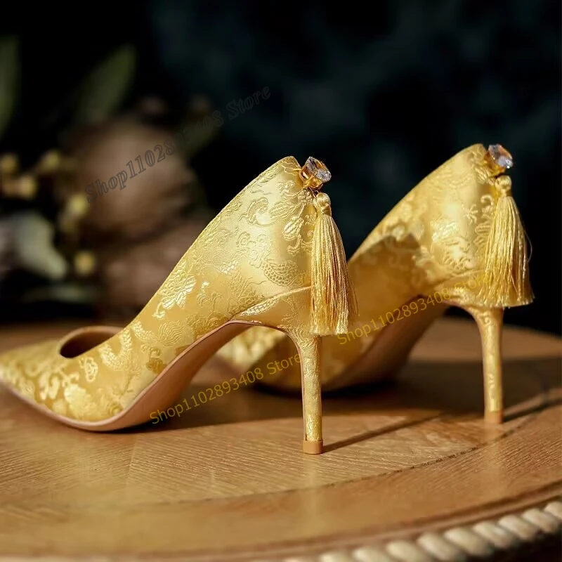 

Gold Satin Embroidery Tassels Decor Pumps Chinese Style Pointed Toe Thin High Heels Women Shoes 2023 Fashion Zapatillas Mujer