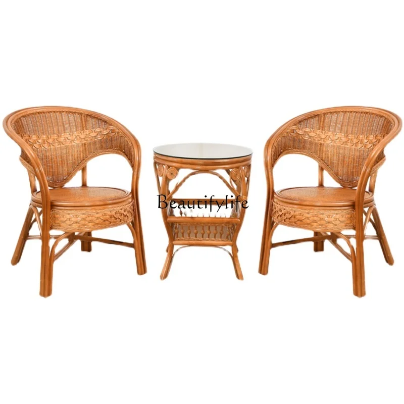 

Real Rattan Chair Three-Piece Set Balcony Small Table and Chair Combination Leisure Home Modern Minimalist Courtyard