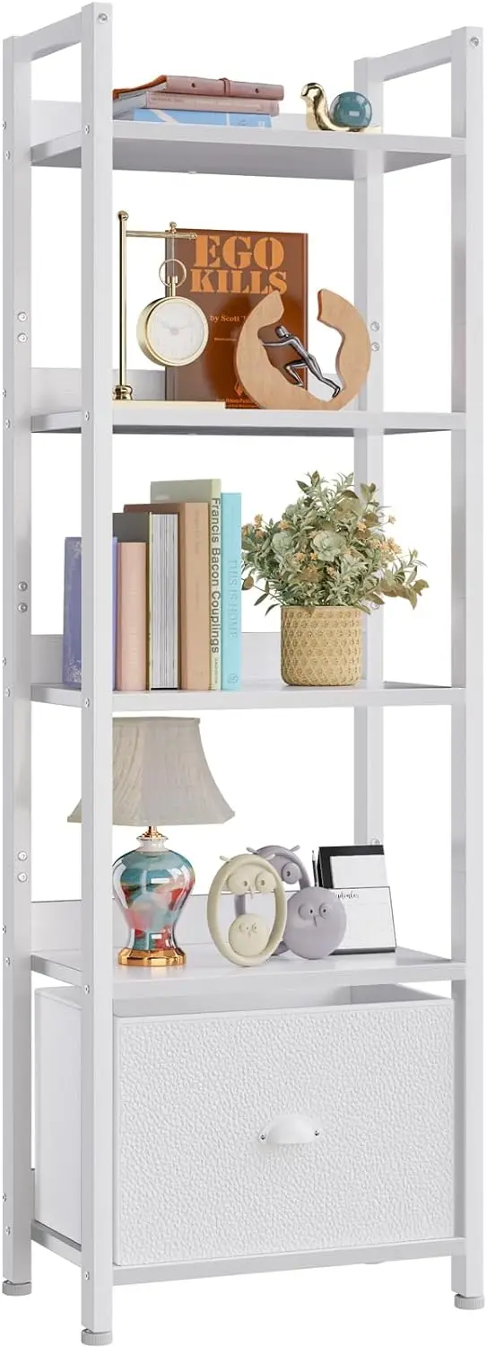 furologee-5-tier-bookshelf-with-drawer-tall-narrow-bookcase-with-shelves-wood-and-metal-book-shelf-storage-organizer-modern