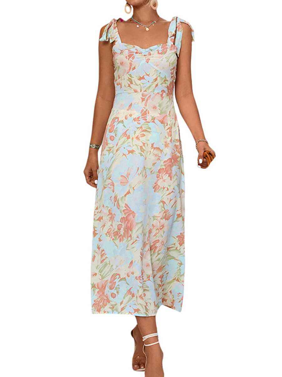 

Women Summer Dress Bandage Strap Floral Print Sleeveless Long Party A-line Dress for Cocktail Nightclub Beach