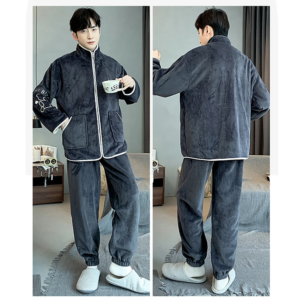 Men's Winter Flannel Pajamas Fashion Solid Zipper Stand-up Collar Big size Pajamas for Men Casual Soft Sleepwear pijamas hombre