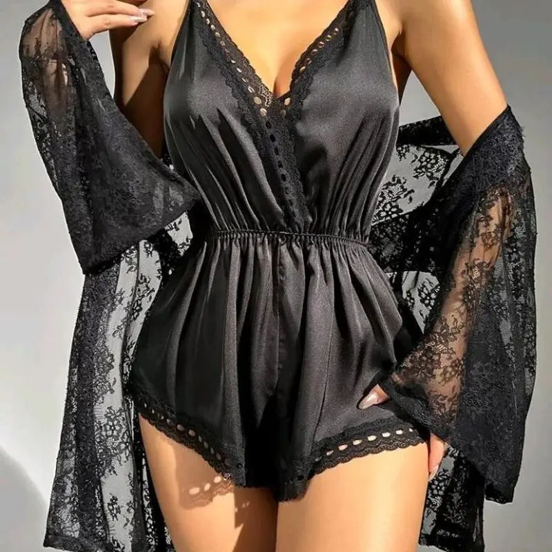 

2023 Spring and Summer Women's Pajamas Set, V-neck Waist Lace Splicing Home Jumpsuit + Lace Cardigan 2 Pcs Set